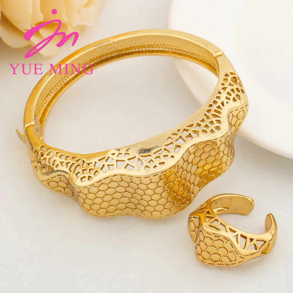 New Charm Bracelet with Ring Party Dubai Gold Color Bangles Open Ring Fahion 2pcs Jewelry Sets for Women Gifts Jewelry Accessory