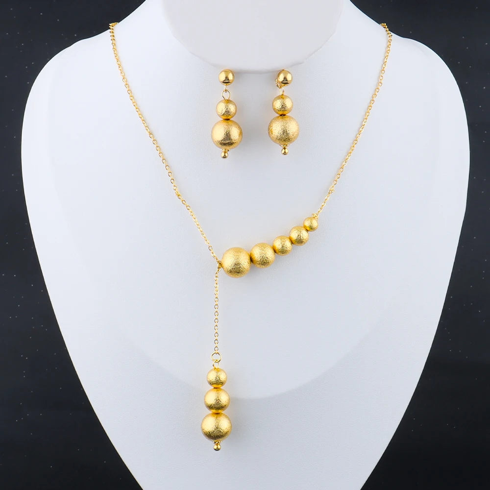 Italy French Charm Gold Color Round bead Necklace Earrings Set for Women Light Luxury Gold Plated Jewelry Gift for Party Wedding