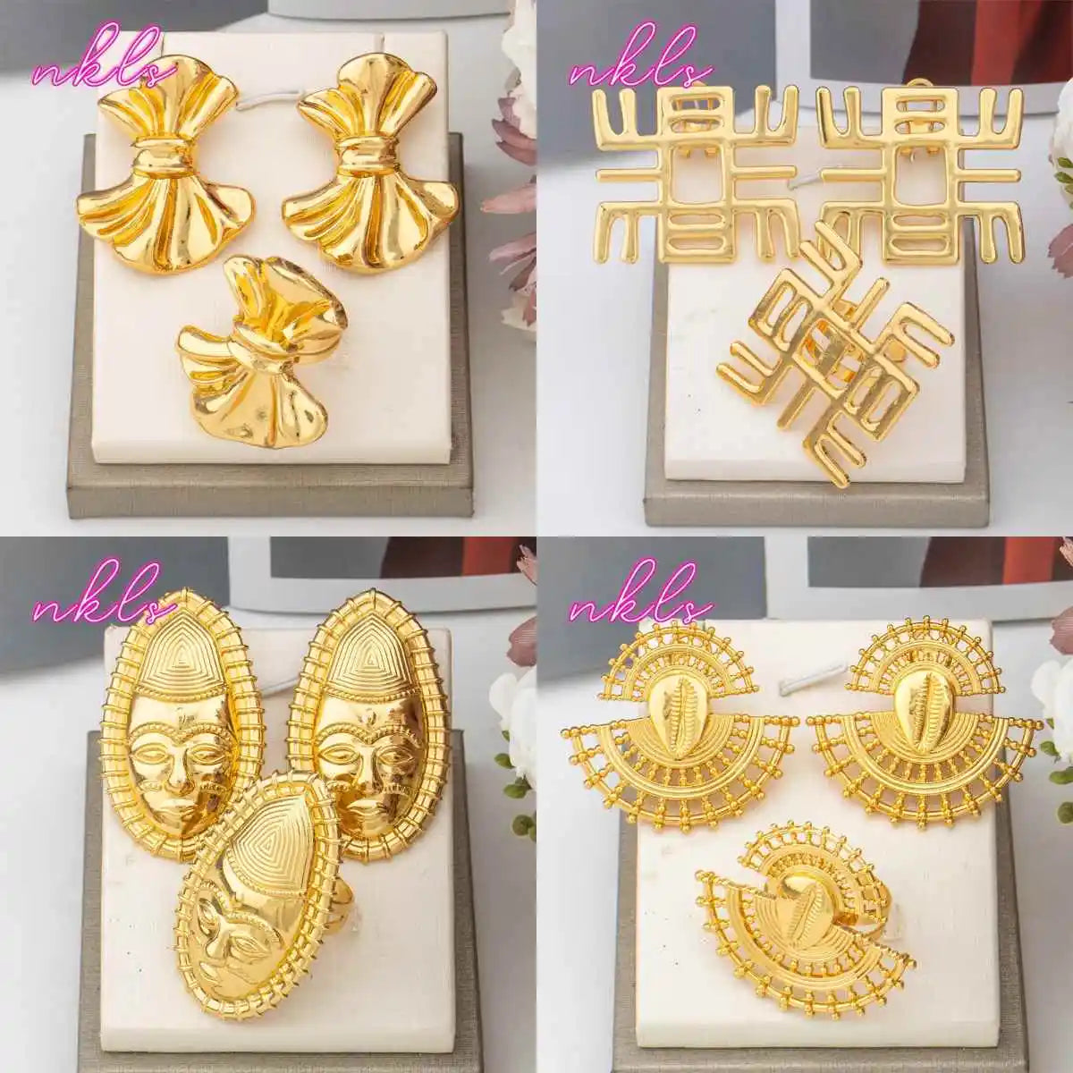 Nigeria Women Earrings and Ring 2Pcs Jewelry 4Set for Ethiopia Party Weddings Finger Ring for Daily Wear Easter Dress up