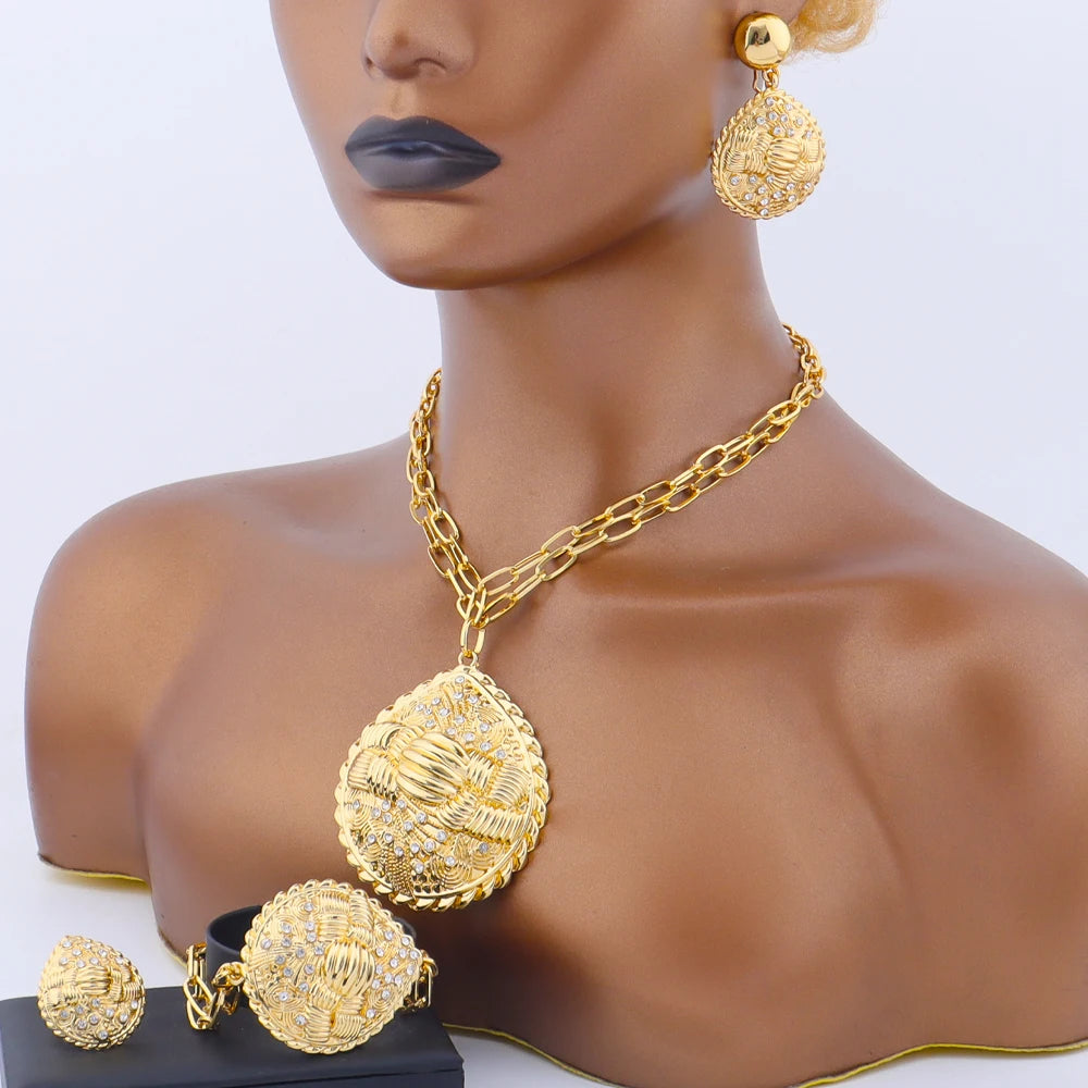 Brazilian Indian Dubai Gold Plated Jewelry Sets for Women Arab Bridal Luxury Necklace Earrings Bracelet Ring Party Gift Set