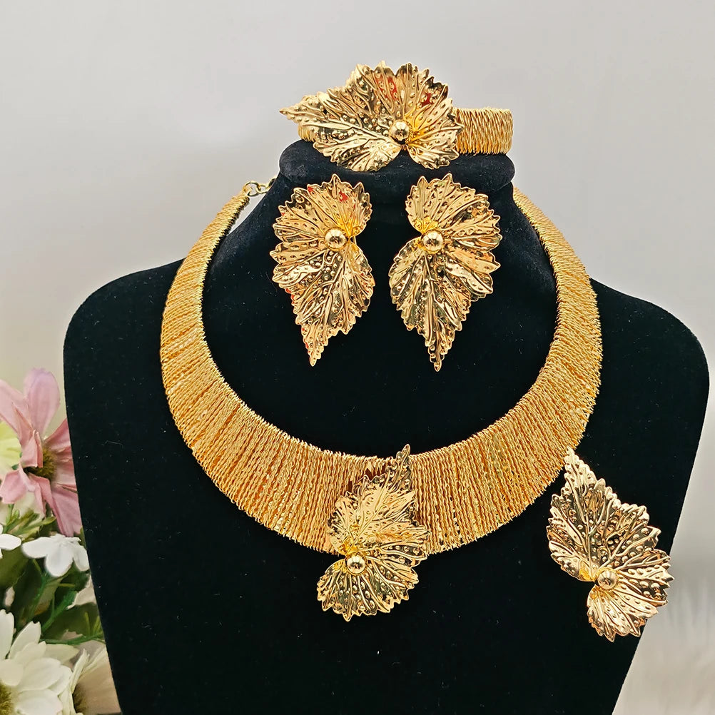 Gold Plated 4PCS Women Jewelry Set Luxury Leaf Shape Earrings Thick Collar Necklace Beautiful Bangle Ring For Wedding Party Gift