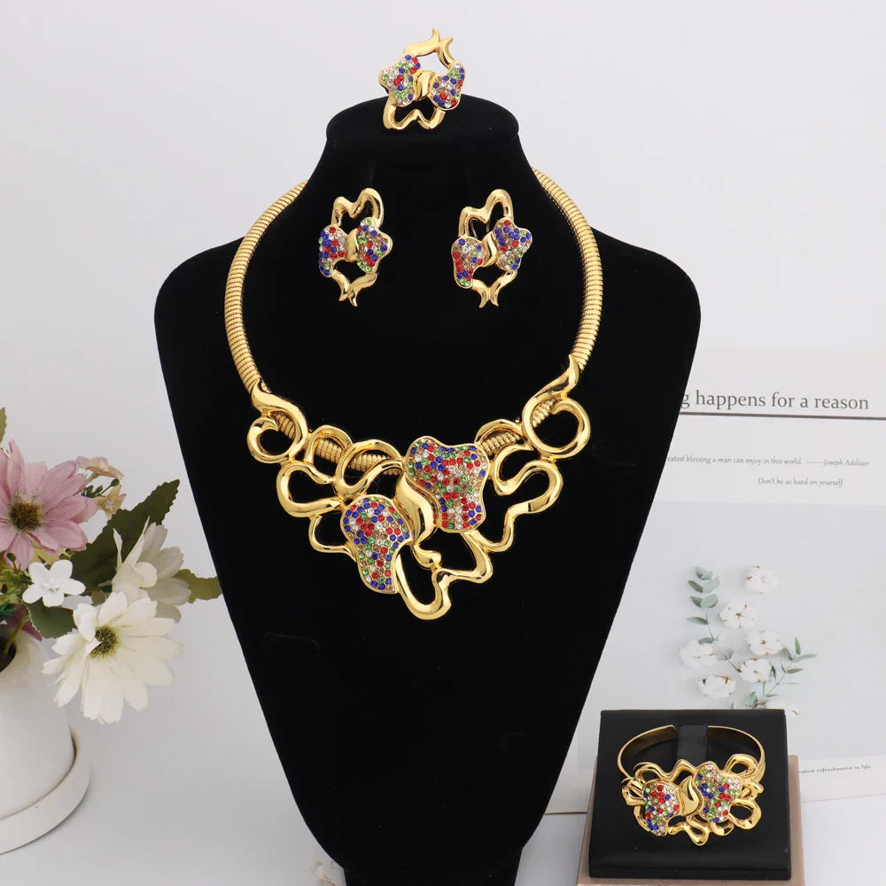 Dubai Gold Color Silver Color Irregular Hollow out Shape Jewelry Set For Women Necklace Earrings Ring Bracelet For Party Wedding