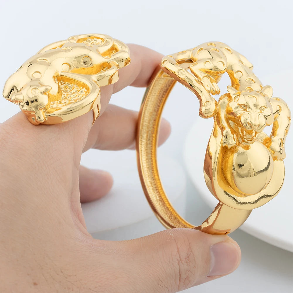 YM Gold Plated Bangles Ring Luxury Dubai Jewelry Sets for Women Lion Bracelet Adjustable Leopard Ring Wedding Party Jewelry Gift