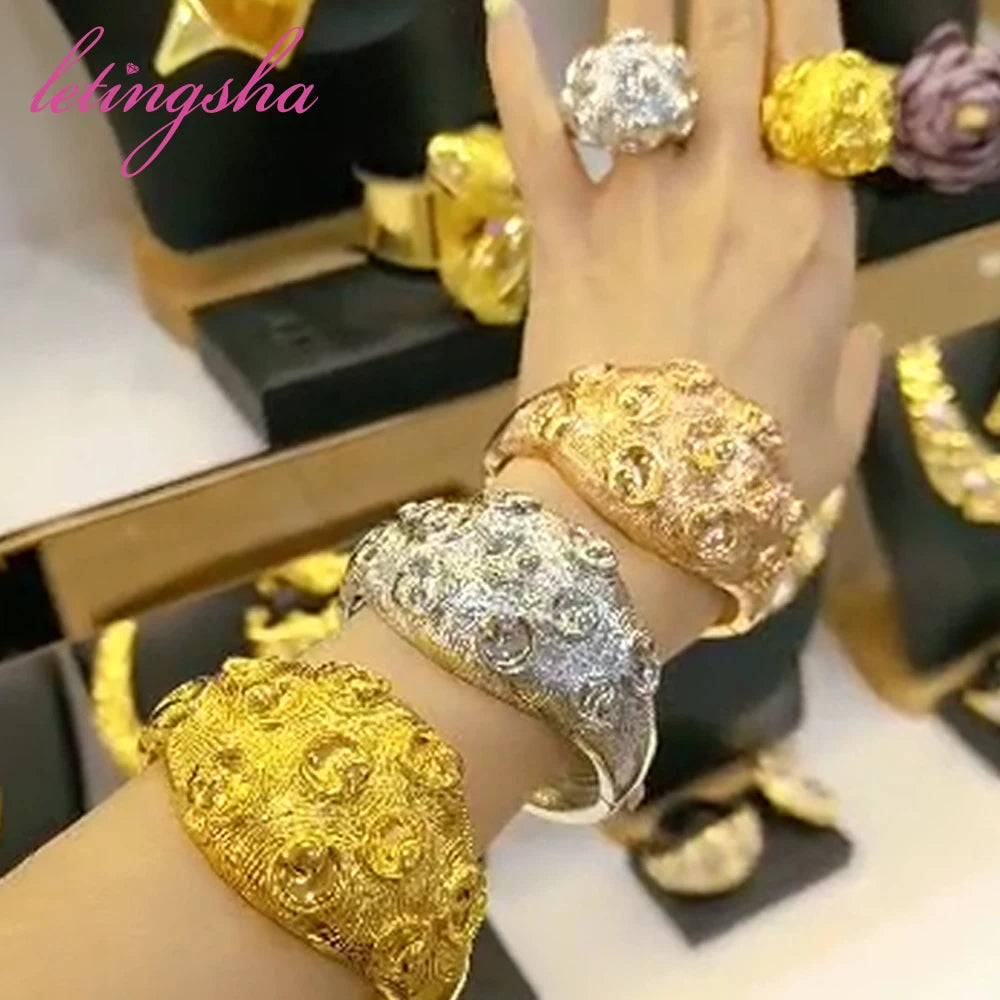 Bangle With Women Ring Colorful Jewelry Nigerian 18K Gold Plated Bracelet Wedding Party Gift Dubai Hollow Out Design Bracelet