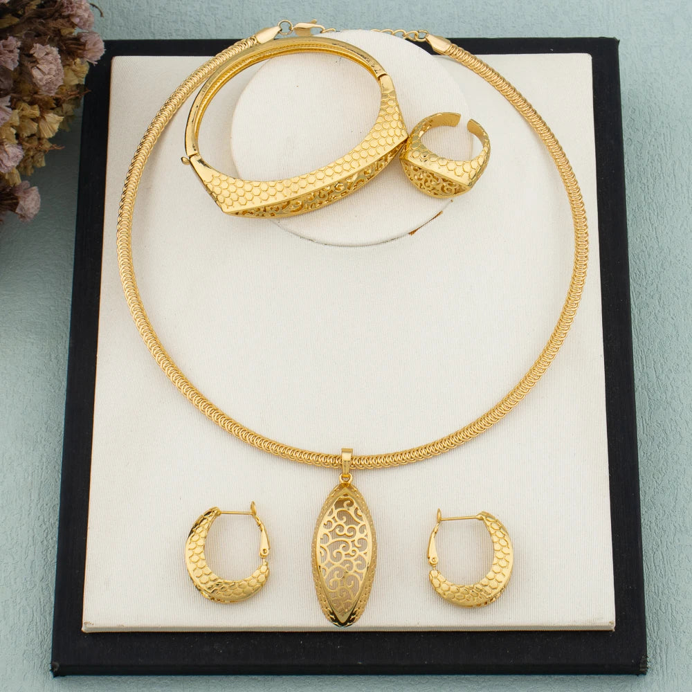 Women Lady Elegant Hollow Pendant African Gold Color Jewelry Set Necklace Clip Earrings Bangle Ring Party Ethiopian Jewellery
