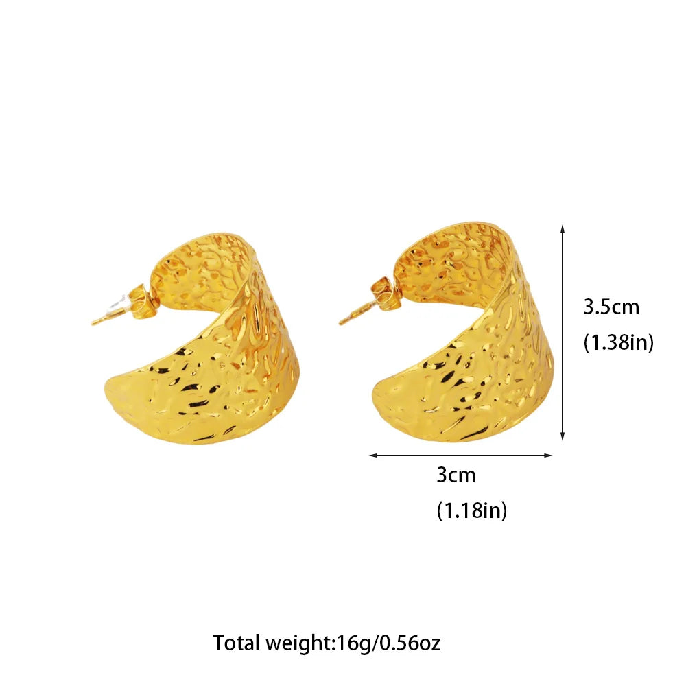 Dubai New Trend Stainless Steel C Shape Wide Earrings For Women Gold Color Water Ripple Jewelry Wedding Easter Female Punk Gift