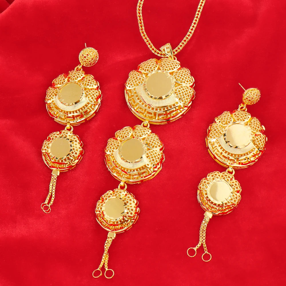 Dubai African 18K Gold Plated Luxury Necklace Earrings Set for Women Bride Romantic Gold Color Jewelry Gift for Party Wedding