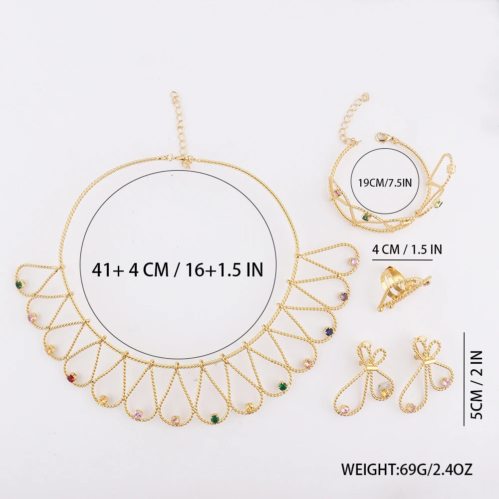 WomenTrendy Design Jewelry Set Dubai America Gold Color Earrings Necklace Color Zircon Bangle Ring Set For Wedding Party Gift