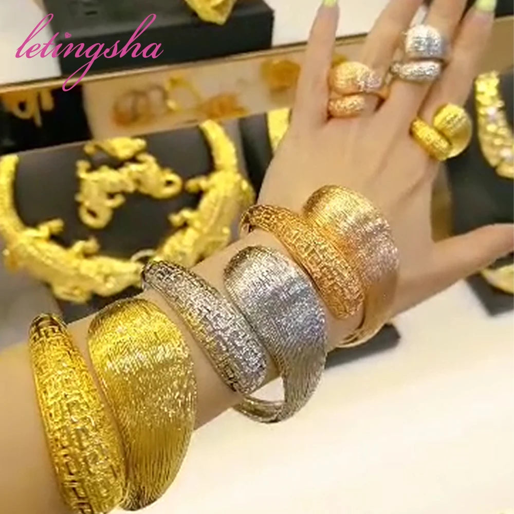 Nigerian 18K Gold Plated Bangle For Women Ring Colorful Jewelry Bracelet Wedding Party Gift Dubai Hollow Out Design Bracelet