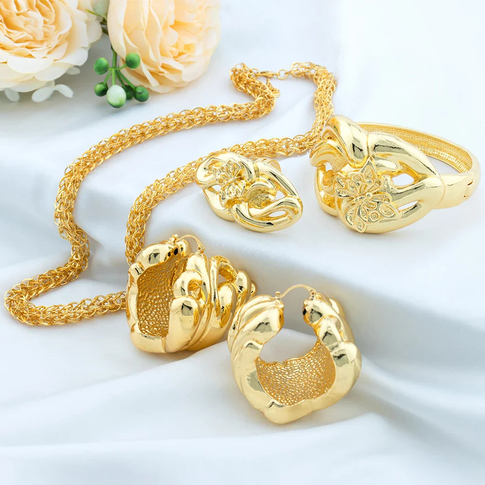 Dubai Gold Plated Jewelry Sets For Women Brazilian 60cm Necklace Bangles Fashion Trend Earrings Rings Wedding Banquet Jewelry - YUEMING JEWELRY