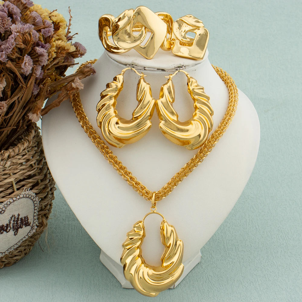 2024 African Jewelry Set New Fashion Gold Color Irregular Design Big Earrings Necklace for Women Weddings Bridal Accessory Gift