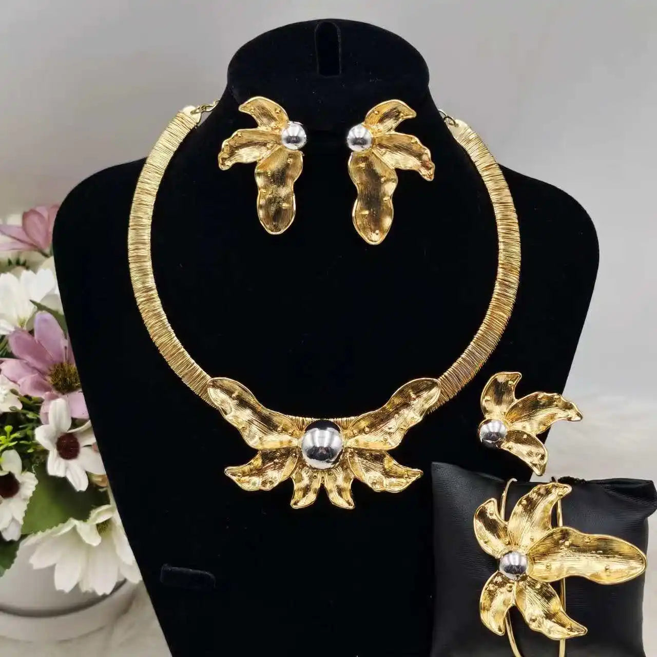 African Gold Color Earrings Necklace Bangle Ring Bride Set Stainless Steel Beads Ethiopian Women Jewelry Set For Party Wedding