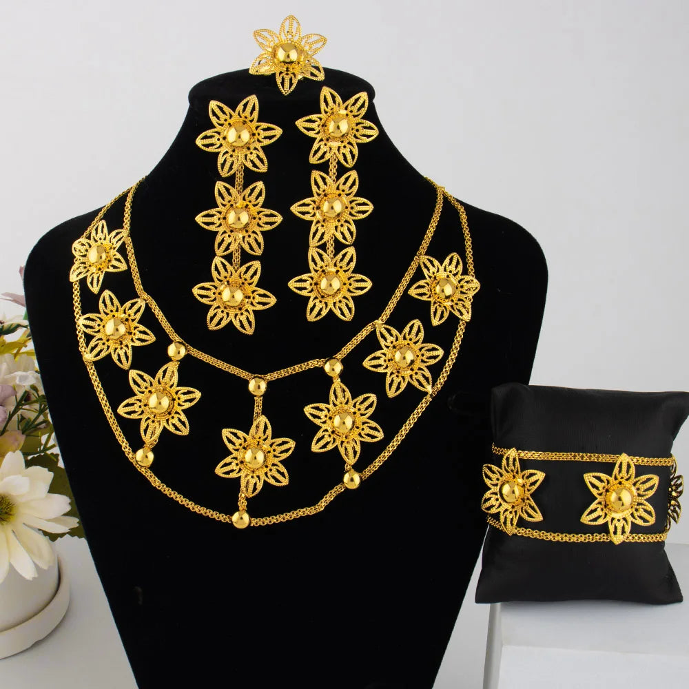 India Gold Plated Jewelry Set For Women Nigeria Girl Grid Necklace Earrings Bangle Flower Ring For Ethiopia Party Mother's Day