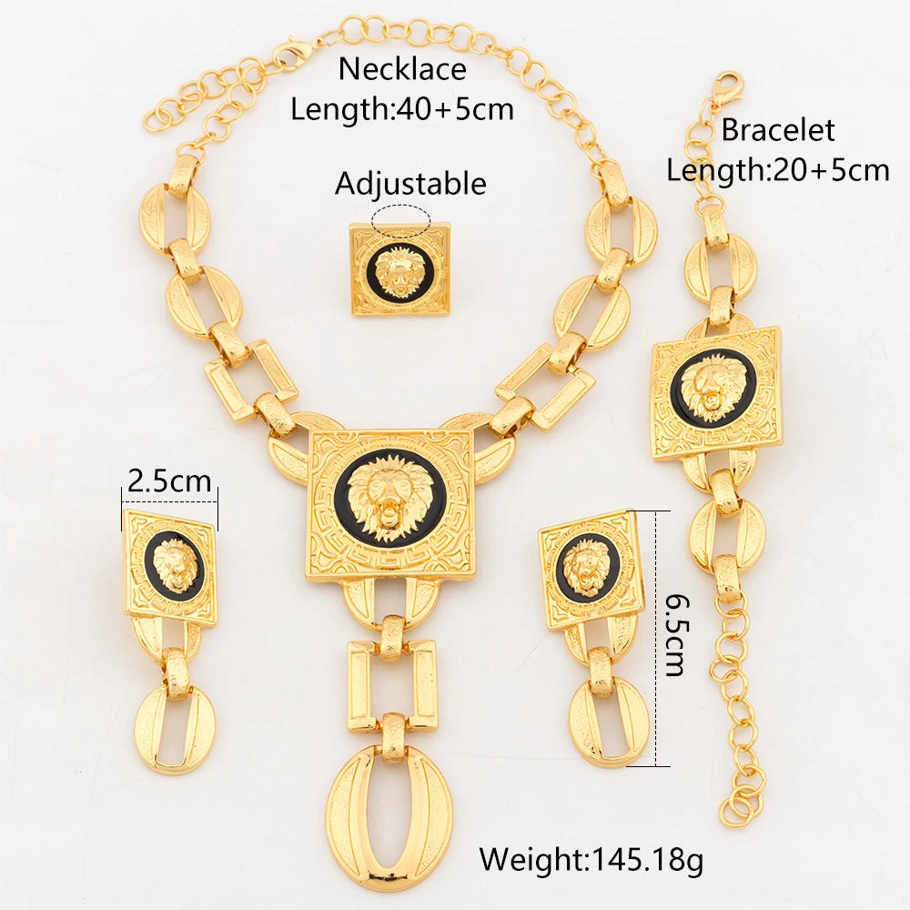 YM Necklace For Women Dubai Gold Plated Lion's Head Jewelry Sets Cuff Bangles Rings Fashion Dangle Earrings for Banquet Party