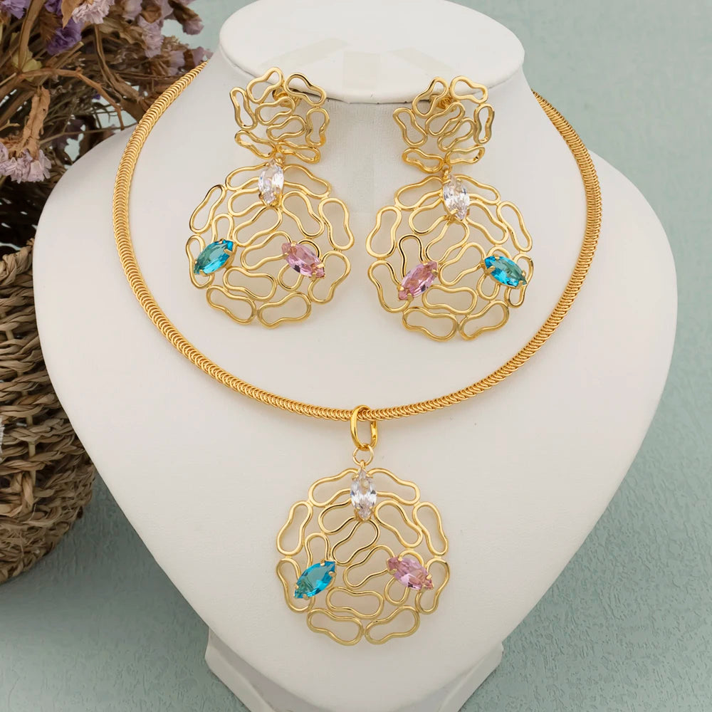 Bohemian Jewelry Set for Women Ladies Stud Earrings Dubai Gold Plated Necklace Bangle Bracelet for Sexy Party Queen Wedding