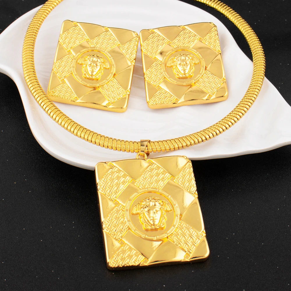 ElegantGold Plated Necklace Earrings Large Size Square Design 24K Gold Plated for Women Jewelry for Party Wedding  Gifts