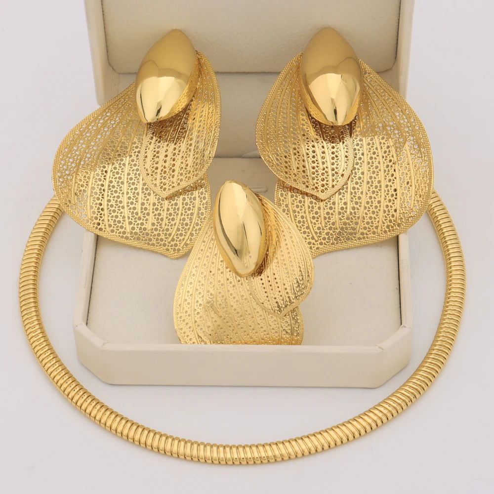 African Gold Color Jewellery Set For Women Luxury Earrings Ring Necklace Gift for Valentine's Day Wedding Party Anniversary