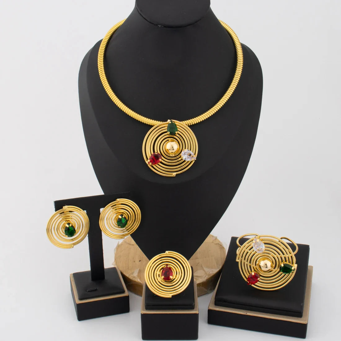 2025 New Style Gold Color Jewelry Set Circle Shape Earrings Colored Zircon Necklace Ring And Bracelet For Banquet Women's Day