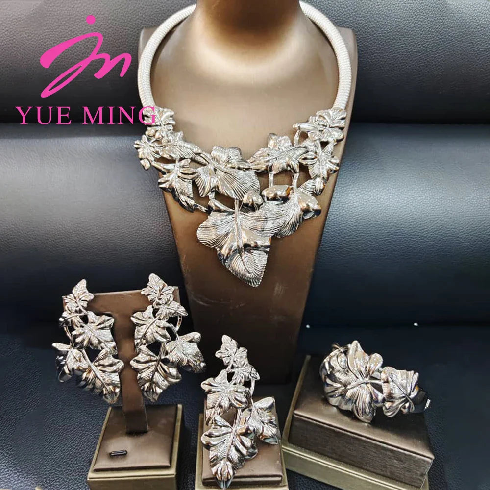 YM Jewelry Sets For Women 18K Gold Color Copper Necklace Earrings Leaf Shape Bracelet Rings Fashion Jewelry Anniversary Gift - YUEMING JEWELRY