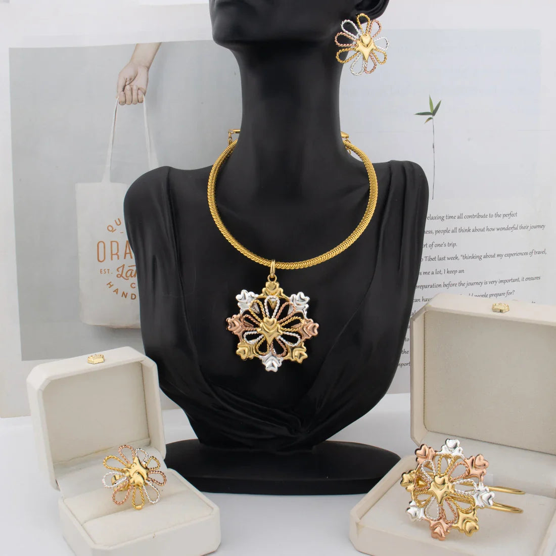 Niche Light Luxury New Design Jewelry Set Dubai Ethiopian Gold Color Big Necklace Earring Bracelet ring Wholesale