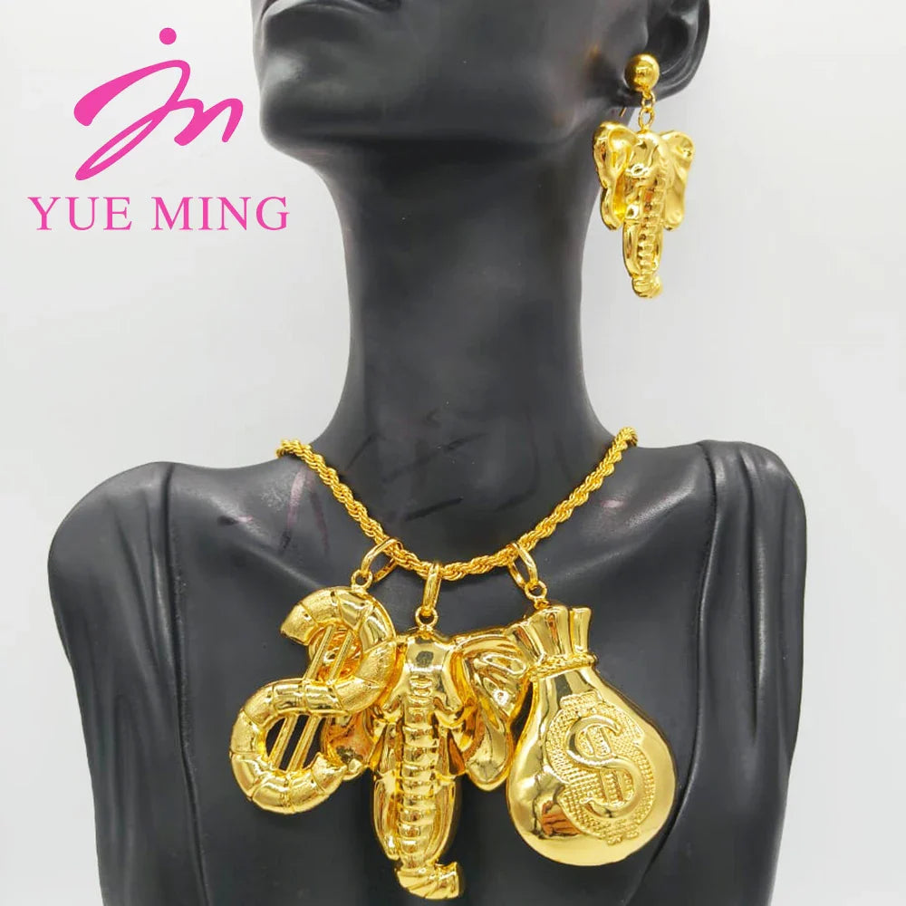 YM Egyptian Pharaoh Pendant with 60cm Necklace Dubai 18k Gold Plated Bear Drop Earrings Copper Jewelry Sets Wholesale Jewellery - YUEMING JEWELRY