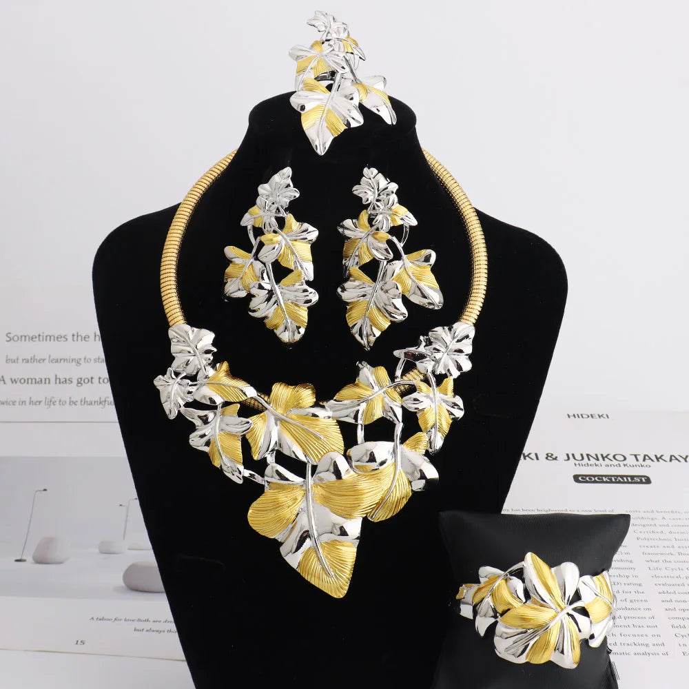Africa Huge 4pcs Jewelry Set For Women Nigeria Luxury Leaf Necklace Earrings Bangle Ring For Party Clothing Accessories tiki