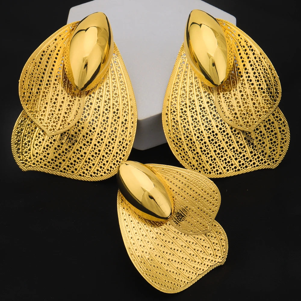 2025 New Style Gold-Plate Bee Wing Shape Ring and Earrings 2Pcs set For Women Luxury Design Jewelry Set For Party