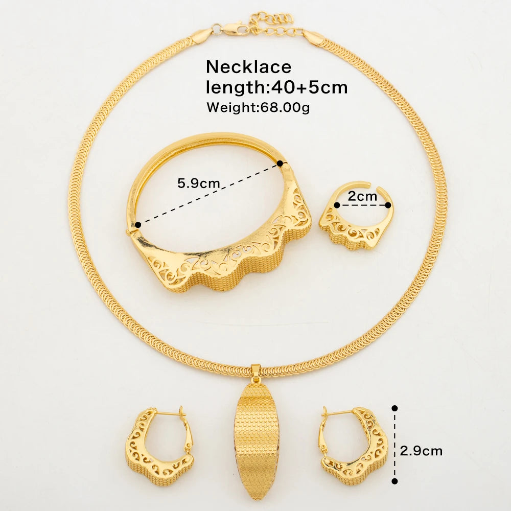 4Pcs Fashion Jewelry Set Lady Luxury Clip Earrings Necklace Women Elegant Charm Flower Bracelet Ring Gold Color Christmas Gift