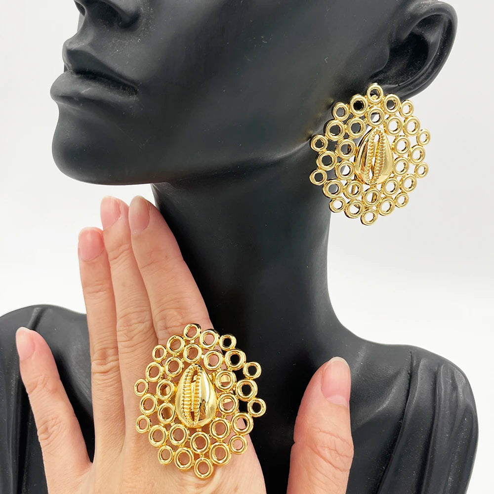 Stylish Vintage Flower Jewelry Premium Alloy Irregular Spiral Earrings Ring for Women Daily Party Gold Color Jewelry Accessories
