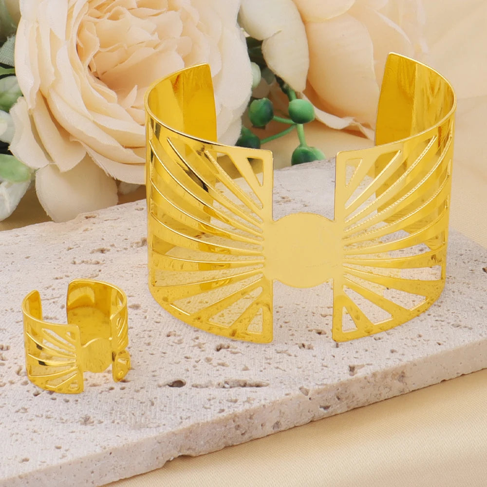 New Punk Hollow out Plated Gold Jewelry Set Stainless Steel Adjustable Cuff Bangle Charm Ring for Women Unique Jewelry Gift