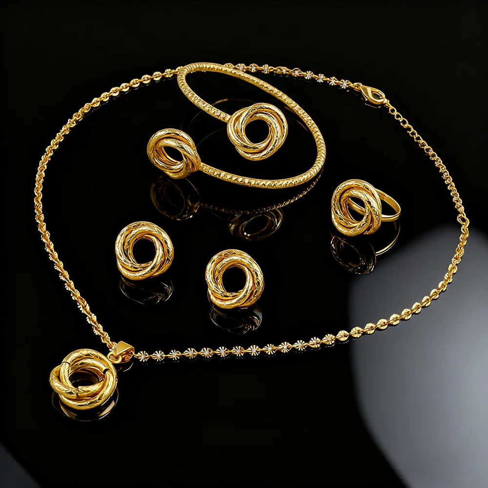 4Pcs/Set Gold Color Interlocking Circles Roman Numbers Jewelry Sets Stainless Steel Necklace Bracelet Earrings Ring  Design Sens