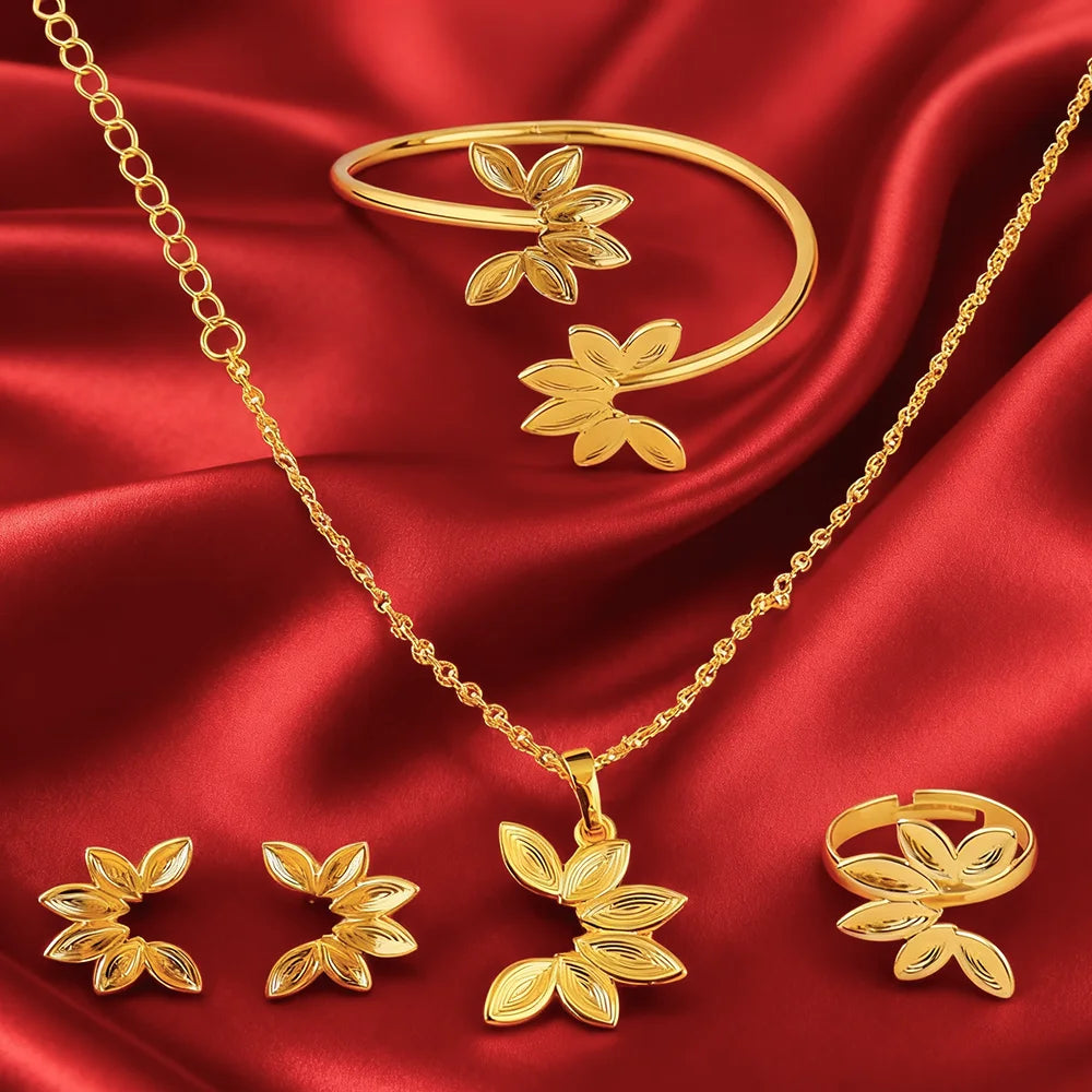 Women's Fashion Trendy 24k gold plated Stainless Steel Earrings Necklace Bracelets rings Set for women party accessories gift