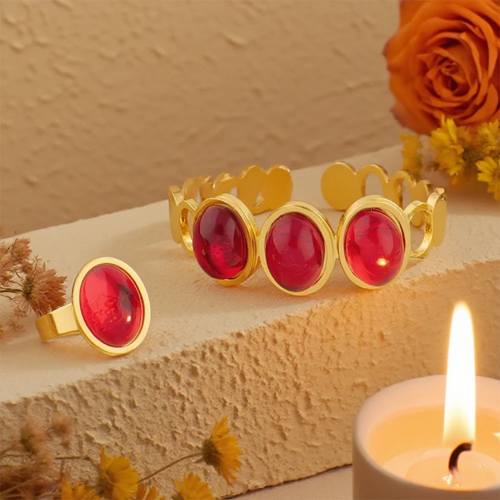 Delicate Colorful Zircon Stainless Steel Gold Color Adjustable Bracelet Fashion Open Ring High Quality Jewelry Gift For Wedding