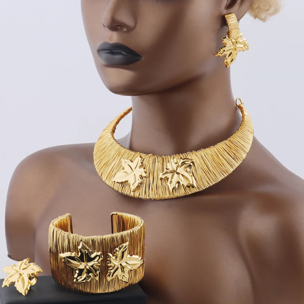 African Jewelry Set For Woman Luxury Necklace Bracelet Gold Color Leaf Shape Ring Earrings Chunky Chain Party Jewelry Gift Set