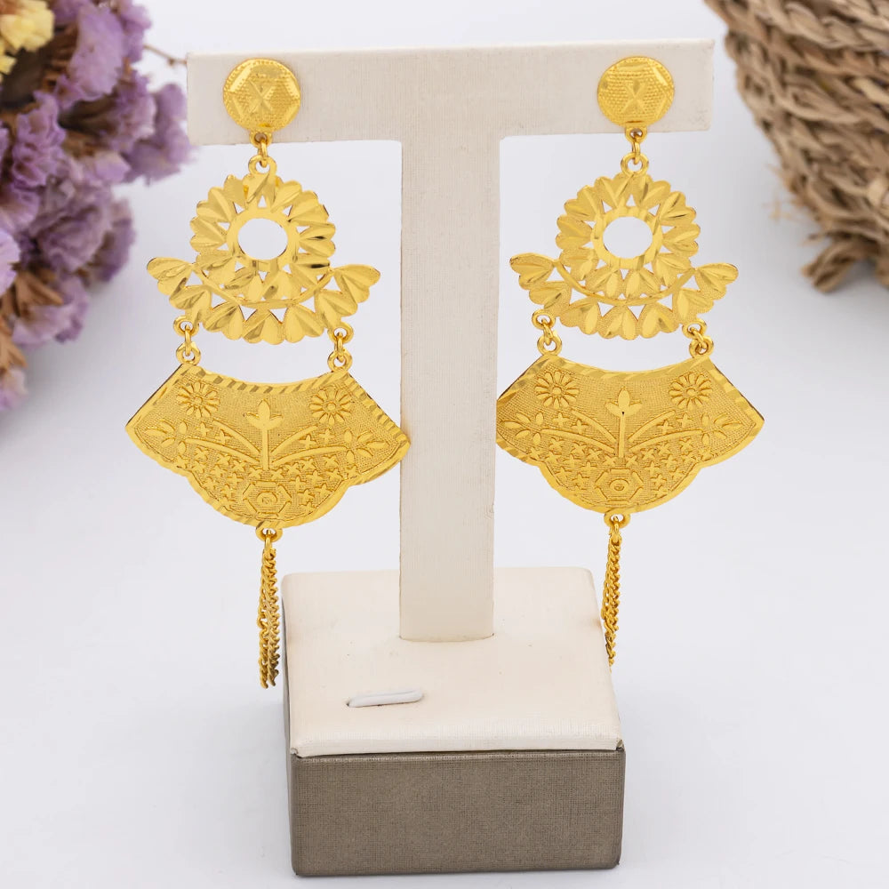 Ethiopia Gold Plated Necklace Chain for Women New Design Bold Earrings 18k Gold Color Lady Elegant Evening Party Jewelry Gift