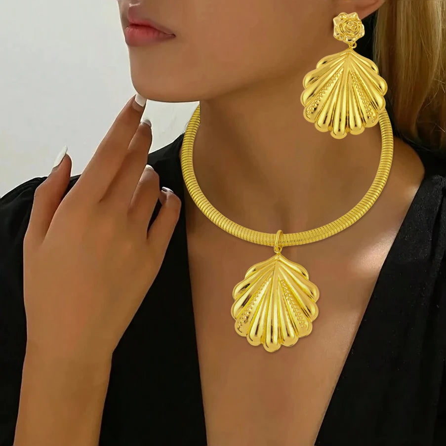 Mid East Luxury Shell Earrings Necklace For Women Trend Summer Wedding Jewelry Set Party Fashion Gift Bague Wholesale Jewelry