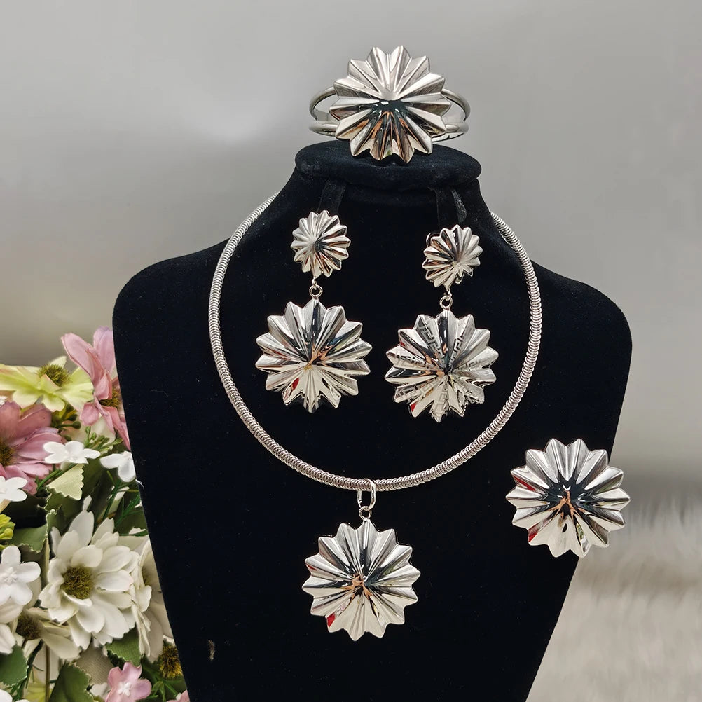 Vintage Women Polygonal Star Shape Jewelry Set Silver Plated Earrings Fine Chain Unisex Bangle Ring Sets for Party Daily Wearing