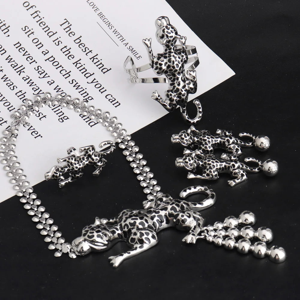 Nigerian Sliver Color Huge Leopard Shape Jewelry Set Exaggerate Africa Woman Necklace Earring Ring Bangle Easter Party Gift