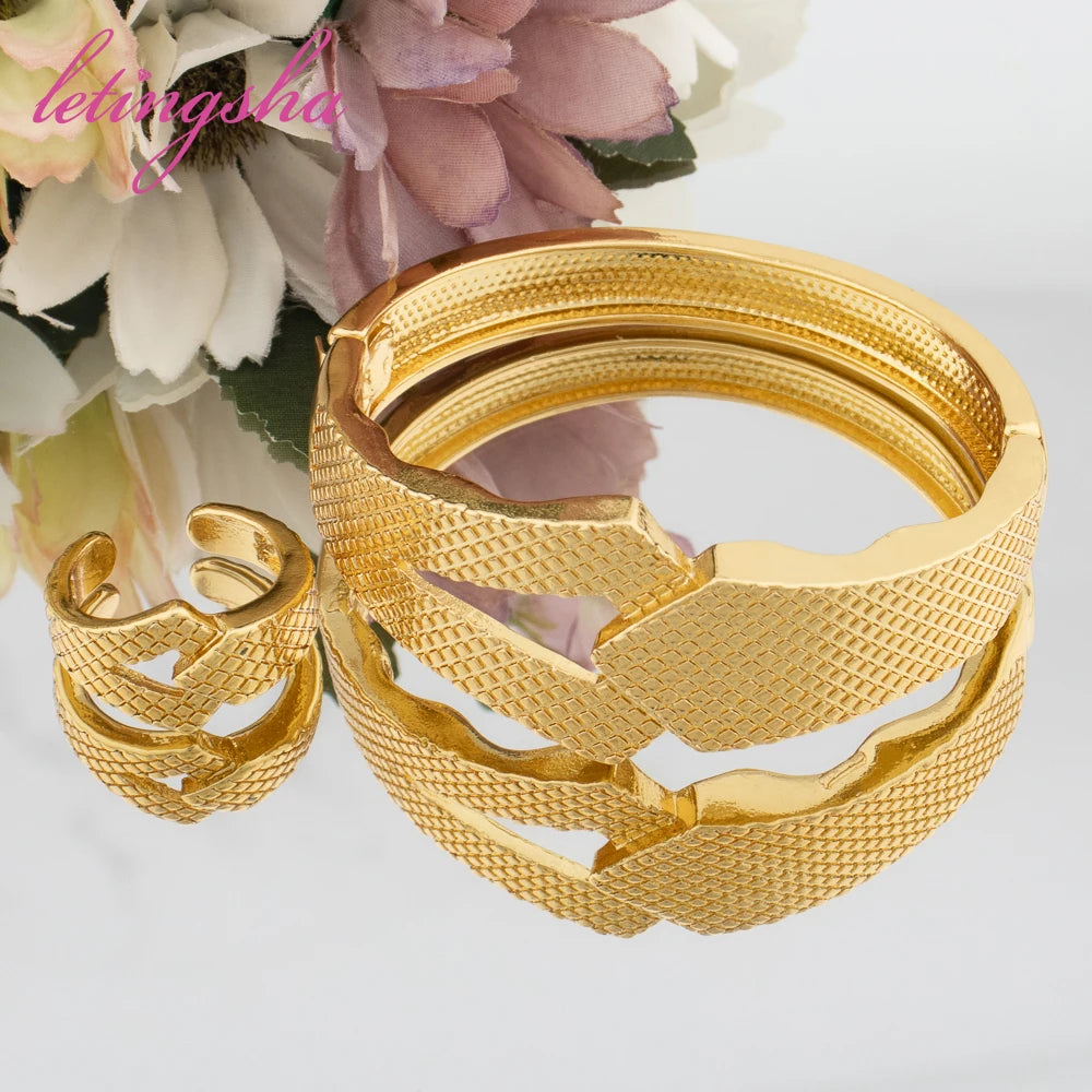 Newest Statement Cuff Bangle Fashion Popular Elegant Geometric Jewelry Set Hollow Bangles Ring Fashion Women Accessories