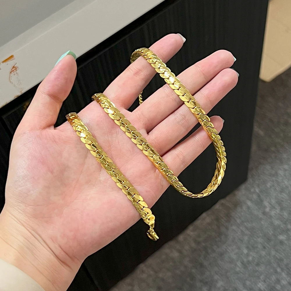 Stainless Steel Simple Flat Cuban Chain Bracelet Necklace Jewelry Set 18k Gold Plated Fashion Jewelry Valentines Day Gifts