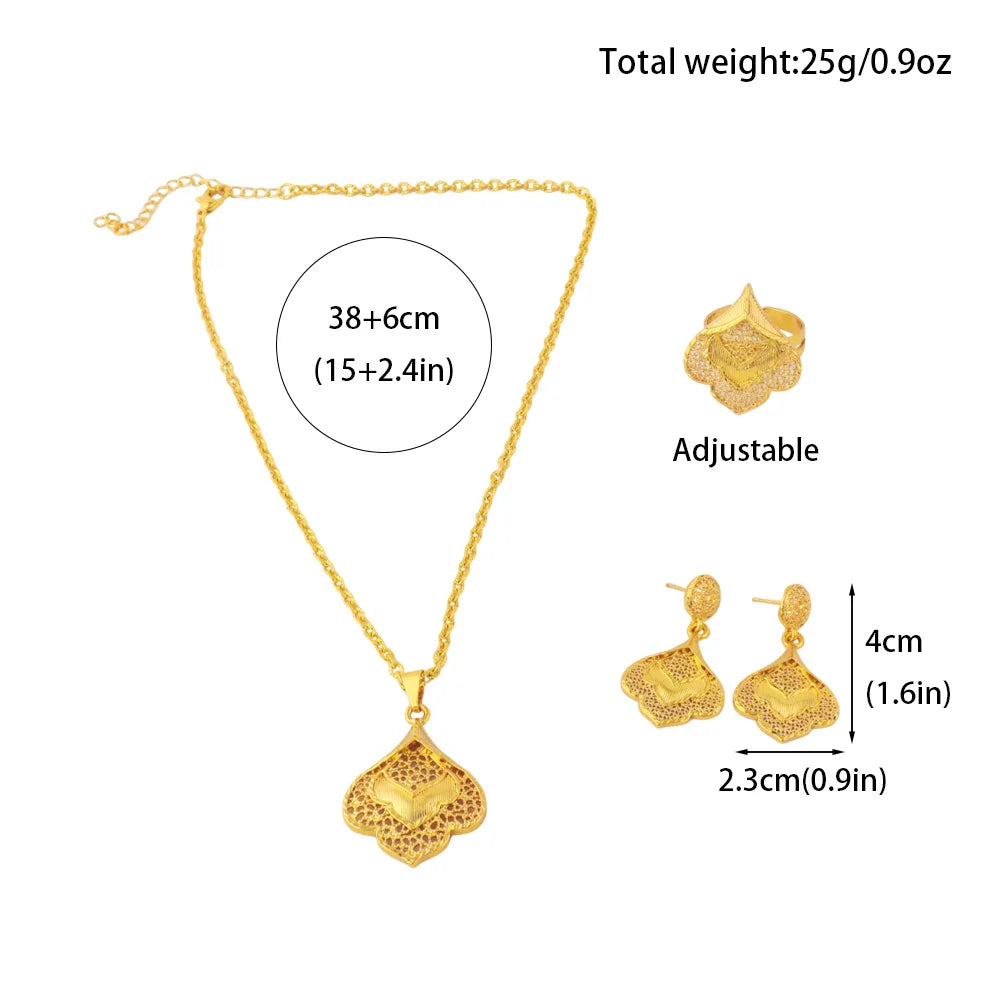 Spain Fashion Jewelry Sets Gold Color Earrings Classic Ring Necklace For Women Daily Wear Party Mother's Day Wedding Gifts