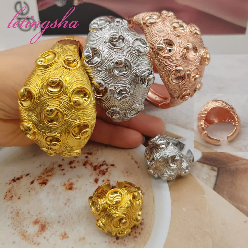 Bangle With Women Ring Colorful Jewelry Nigerian 18K Gold Plated Bracelet Wedding Party Gift Dubai Hollow Out Design Bracelet