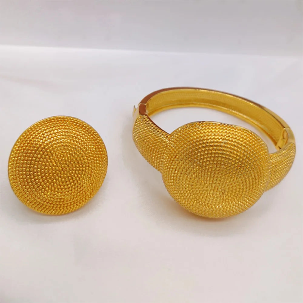 Dubai Bangle with Ring Jewelry Set for Party African 18k Gold Color Cuff Bangle and Finger Ring 2Pcs Set for Engagement Party