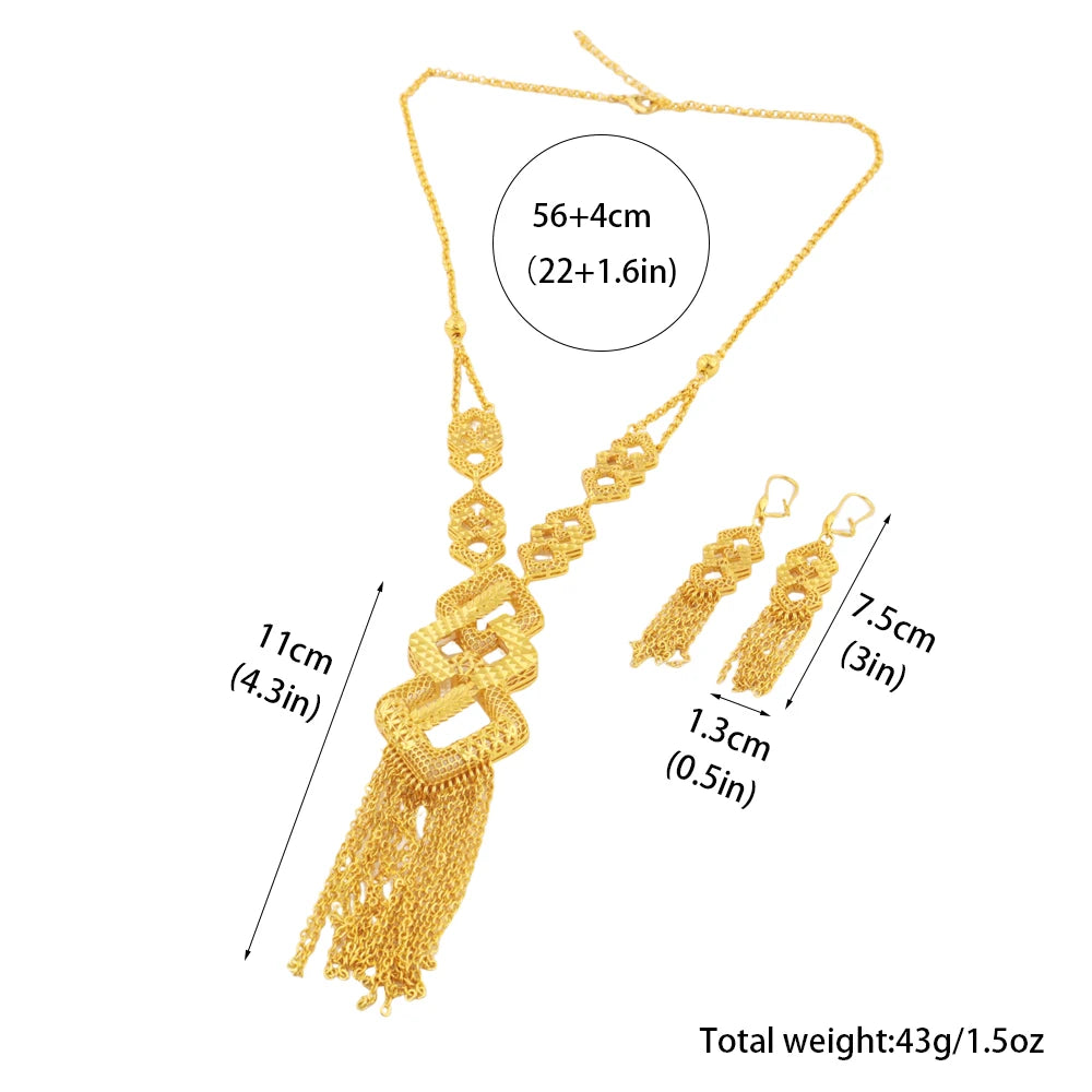 Mid East Fashion Gold Color Tassels Necklace Earrings Sets For Women Dubai India Senior Sparkle Jewelry Gifts For Party Mother