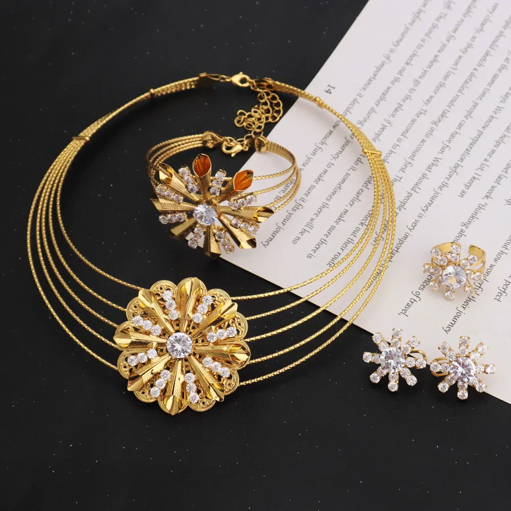 Fashion Shining Flower Shape Women Jewelry Set With Necklace Earrings Ring Bangle Gold Color Jewelry Gift For Party Wedding