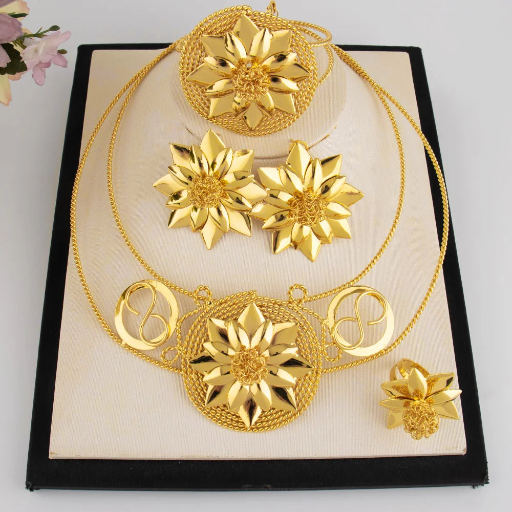 Golden Color Fashion Luxury jewelry sets Bangle Earrings Ring Necklace woman for Dubai African Women Party Jewelry Gifts
