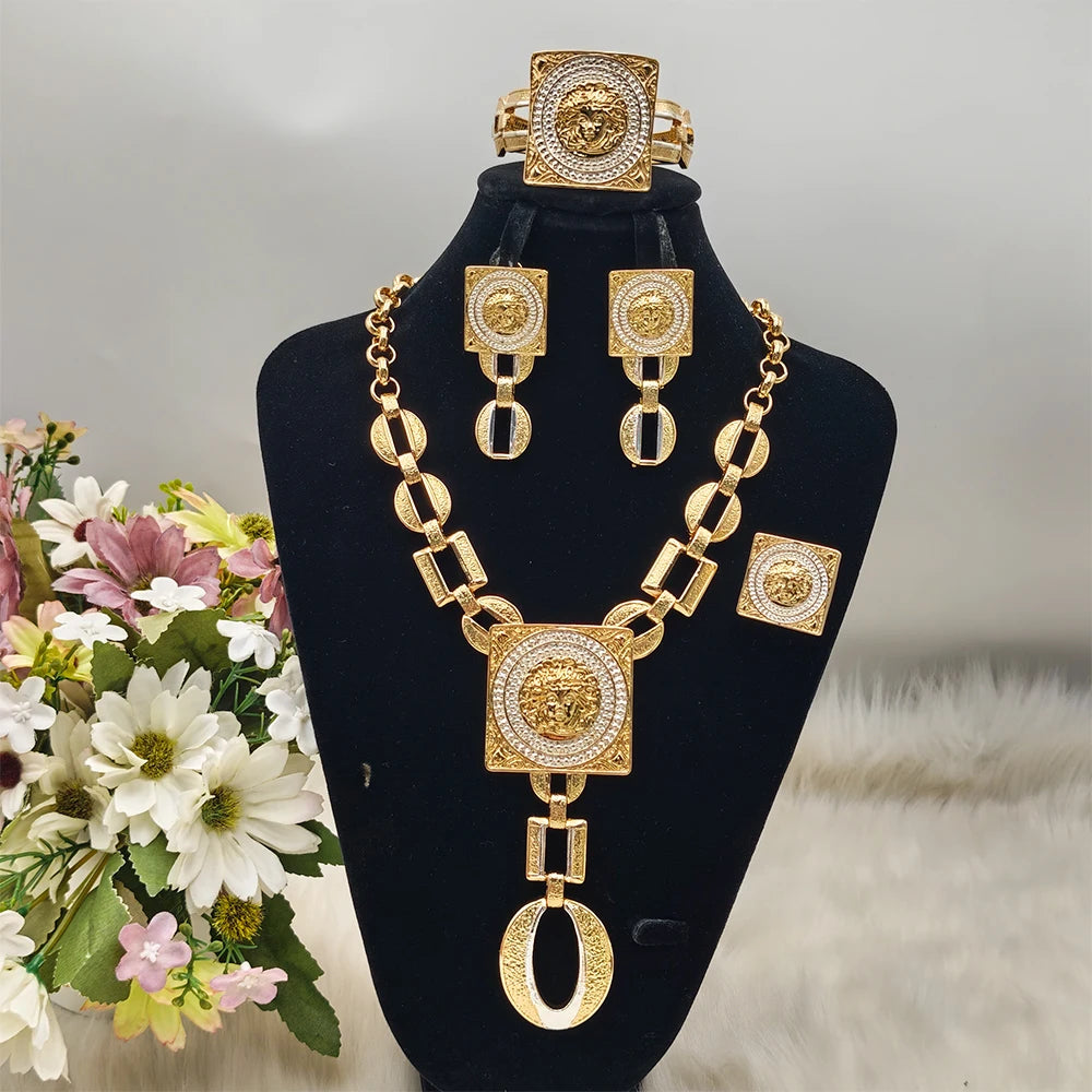 Hot Sale Fashion Ladies Jewelry Set Face Shape Earrings Chain Ring Design Large Bangle Square Ring Luxury Gift For Party Wedding