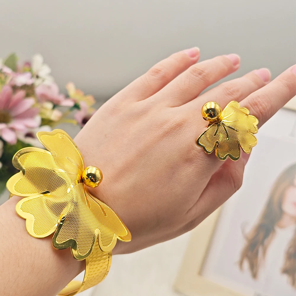 Fashion Gold Plated Charm Bracelet Earrings Ring Set for Women Girl Noble Luxury Jewelry Gift for Party Wedding Banquet