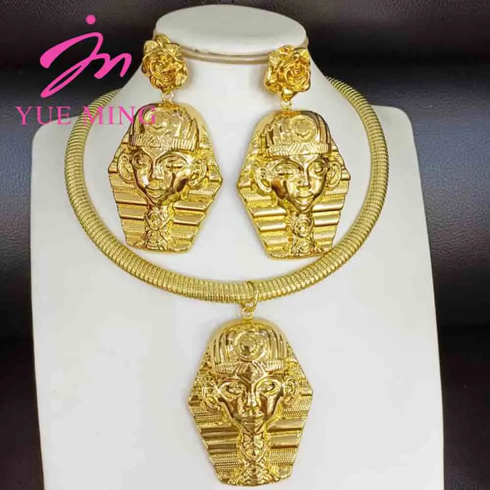 Vintage Jewelry Set Pyramid Ancient Egyptian Pharaoh Pendant Gold Color Copper Necklace Earrings Lady Jewelry Accessory Gifts