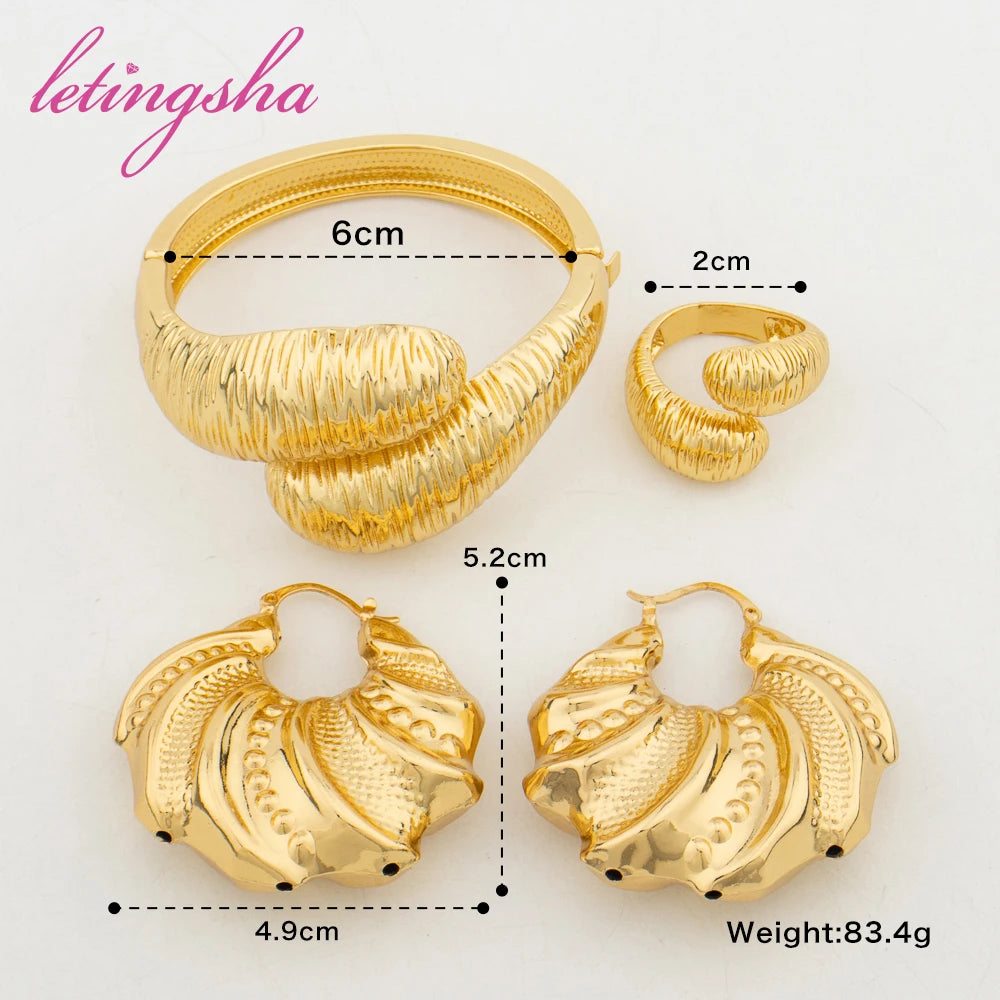 Hoop Earrings Fashion Copper Cuff Bangle with Ring For Women Trendy Hollow Large Style Jewelry For Wedding Daily Wear Party Gift